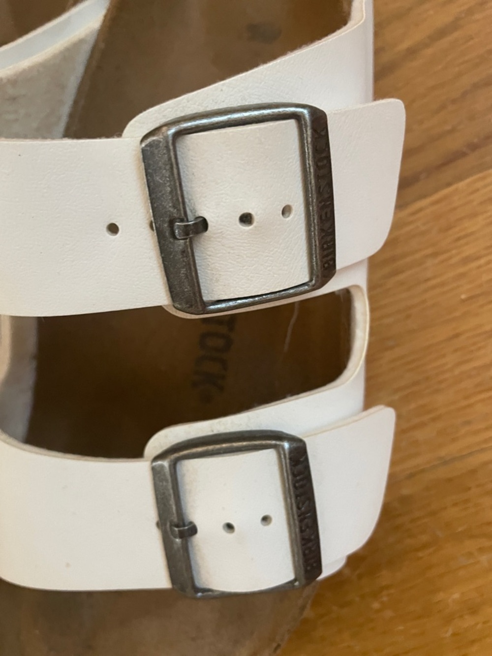 Birkenstock White Double-Strap Sandals with Silver Buckles 8 EUC - Picture 5 of 8